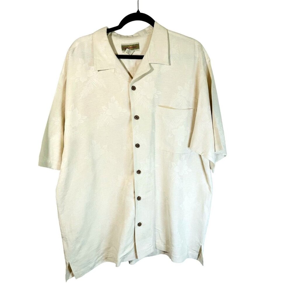 Original Island Sport 100% Silk  Tropical Print Ivory Mens L Shirt Vintage 90s